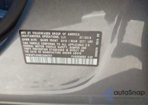 2014 Volkswagen Passat 2.5L S из США, поврежденный, VIN 1VWAP7A39EC006707